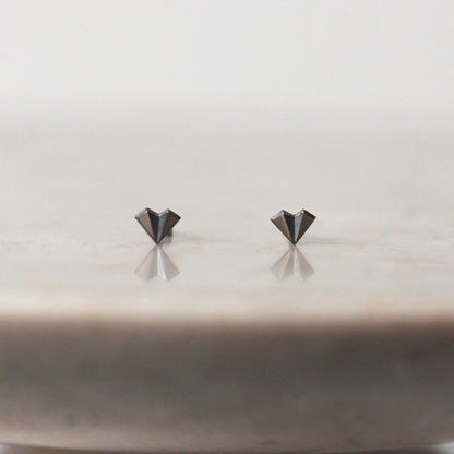 Geometric Heart Stud Earrings - Oxidised Silver