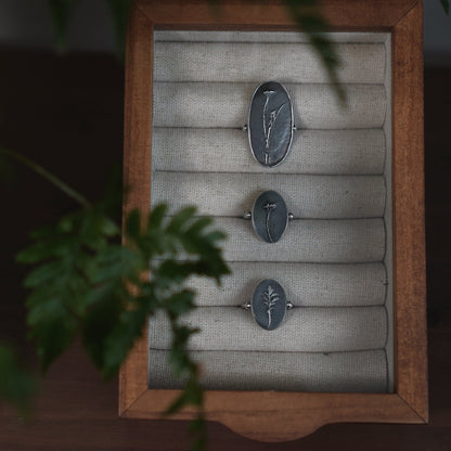 Fossil Leaf Ring in a box with Fossil Mini Daisy Ring and Large Daisy Ring