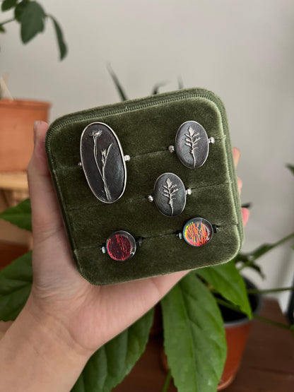 Fossil Leaf Ring in a box with various other rings